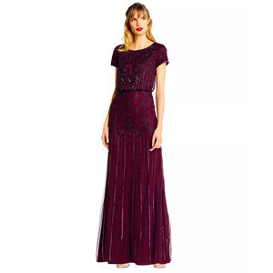 ADRIANNA PAPELL Beaded Short-Sleeve Sheer-Overlay Gown | 4